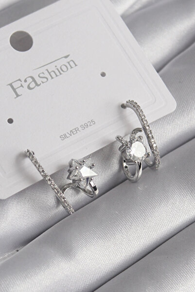 özssa Brass Silver Color Zircon Stone Women's Earrings