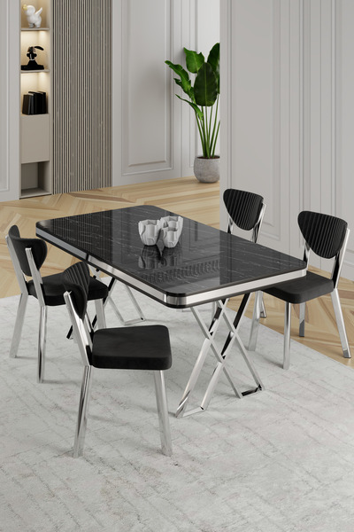 Canisa Raja Serisi 80x130 Lak Panel Siyah Mermer Desen Masa Takımı Krom Ayakl...