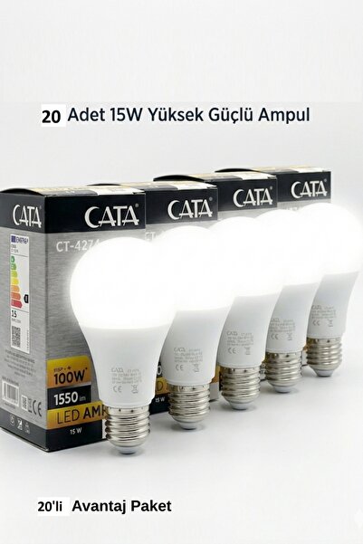 Cata 20 Adet CT-4274 15W E27 LED Ampul 3200K Günışığı (Sarı Işık) – 1550 Lüme...