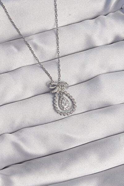özssa 316L Steel Silver Color Bow Detailed Zircon Stone Drop Model Necklace