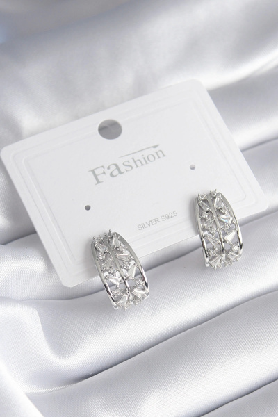 özssa Brass Silver Color Zircon Stone Women's Earrings