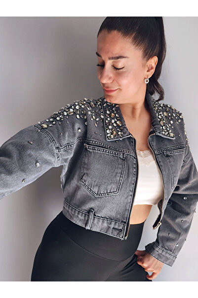 RENGARENG Women's Designer Denim Jacket with Stone and Embroidery Detail, Gra...