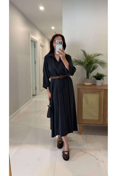 BİRCANÇİL Rislan Siyah Premium Kemerli Elbise