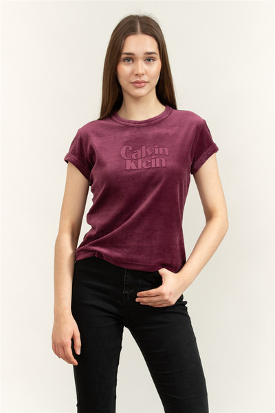 Calvin Klein SS Velour Logo Tee Kadın Bisiklet Yaka T-Shirt Mor