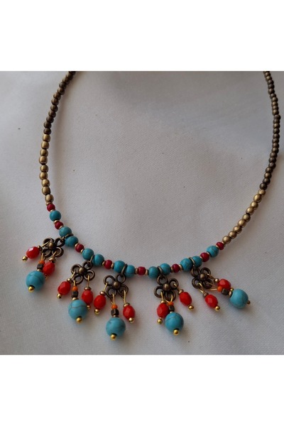 azra takı tasarım Handmade Turquoise Natural Stone Blue, Red, Orange Short Women's Necklace