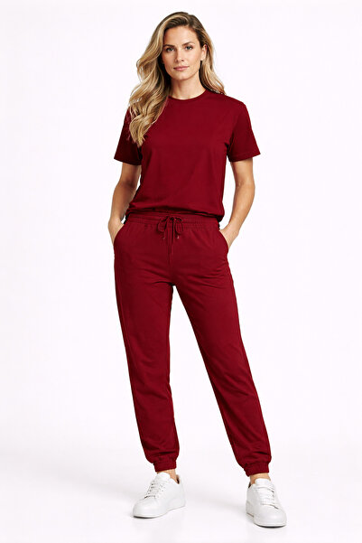 DUBU BUTİK Κόκκινο Βασικό Σετ Φούτερ και Μπλουζάκι