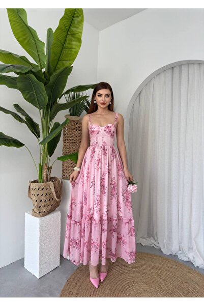 Ayzde Fashion Kadın Şifon Çiçek Desenli Gloplu Askılı Flore Ebise