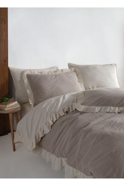 Macas Home Ruffle 100% Cotton Yarn Dyed Washable King Size Duvet Cover Set 240*220