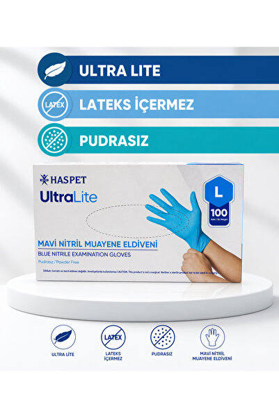 Has-Pet UltraLite Mavi Nitril Muayene Eldiveni Pudrasız Lateks İçermez Large ...