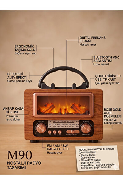 M90 Şömine Görünümlü Ahşap Nostalji Bluetooth Usb Sd Mp3 Radyo Müzik Kutusu