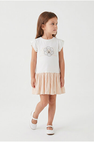 Womi Kids Kız Çocuk Çiçek Taş Baskılı Fırfır Kumaşlı Elbise