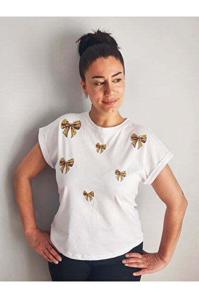 RENGARENG Women's Design T-Shirt Leopard Bow Ribbon Print and Stone Embellish...