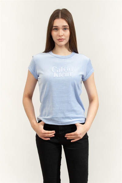 Calvin Klein SS Velour Logo Tee Kadın Bisiklet Yaka T-Shirt Mavi