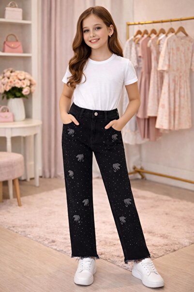 asil butik Kız Çocuk Siyah kuğu Desenli Jean Pantolon Düz Paça Rahat Ke
