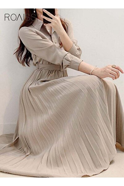 ROAISS Elegant Lapel Shirt Dresses for Women French Solid Color Long Sleeve B...