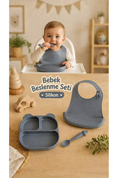 PONÇİK BEBEK Baby Silicone Feeding Set Plate - Bib - Spoon - 3 Pieces