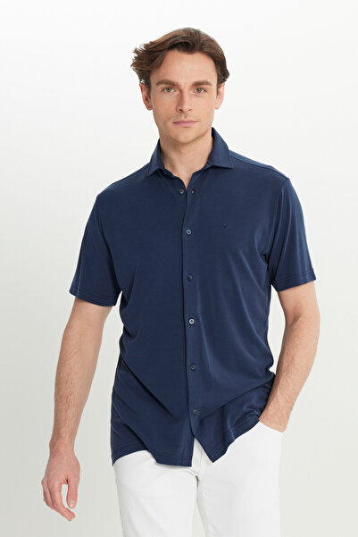 ALTINYILDIZ CLASSICS Ανδρικό πλεκτό πουκάμισο σε σκούρο μπλε χρώμα, με απαλή ...