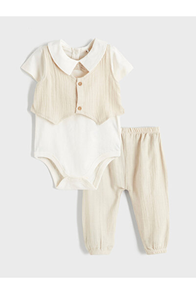 LC Waikiki Set body și pantaloni din muselină pentru bebeluși băieți, cu deta...