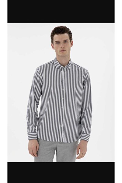 Pierre Cardin Erkek Lacivert Çizgili Comfort Fit Uzun Kollu Pamuklu Gömlek