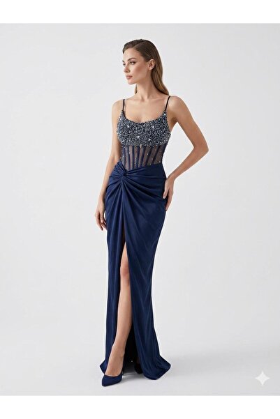 molan fashion "Sydem" Navy Blue Dress: Crystal Brilliance and Luxurious Taffeta