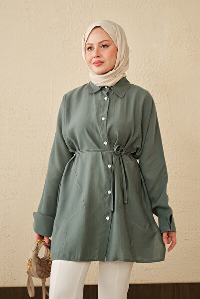 LOCCO Women's Double Pocket Detail Long Shirt Green