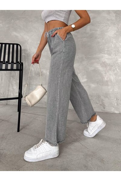 MODA GARDEN 35 Ar66 Washed Denim Look Women's Wide Leg Pants with Elastic Waist