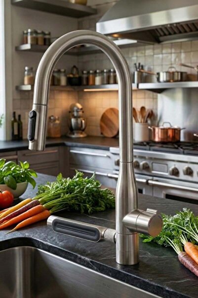MaseMode Sauris Spiralli Arıtma Çıkışlı Şelale Eviye Bataryası Brushed Nickel