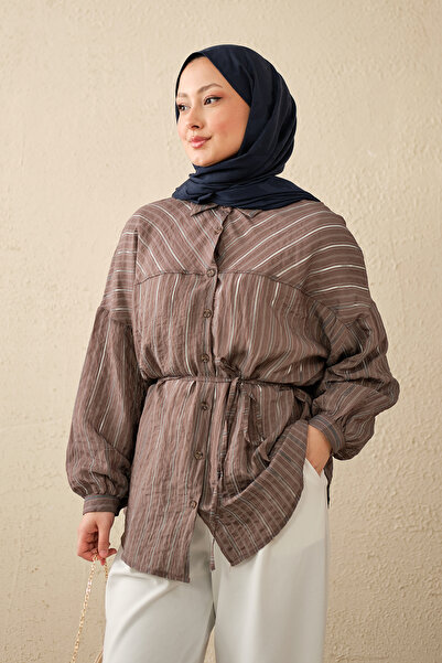 LOCCO Women's Thin Line Pattern Waist Tie Shirt Light Brown