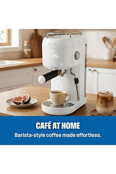 ELLE Panache Series Espresso Maker, White, 1L Water Tank, 20-Bar Pressure, Integrated Milk Frothing