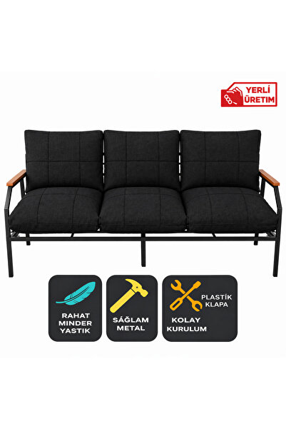 UFUK HOME Linda 3’lü Koltuk Siyah – Metal İskeletli Ahşap Kolçaklı Minderli M...