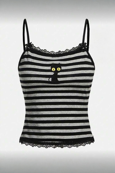 Köstebek Μαύρο γκρι ριγέ μαύρο γάτο με λεπτομέρεια από δαντέλα και φιόγκο στο...