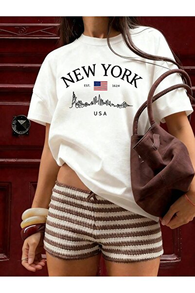 ZAVIXO ΓΥΝΑΙΚΕΙΟ Oversize Βασικό T-Shirt με Γραφικό NYC – 100% Βαμβάκι