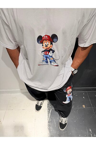 Bas Body FitnessWear Büyük Beden V Yaka Beyaz Mickey Mouse Baskılı %100 Pamuk...
