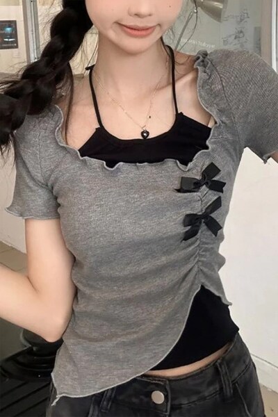 Köstebek Anthracite Ruffled Bow Detail Black Asymmetrical Y2K Short Sleeve Cr...