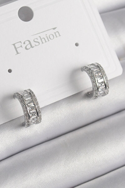 özssa Brass Silver Color Zircon Stone Hoop Model Women's Earrings