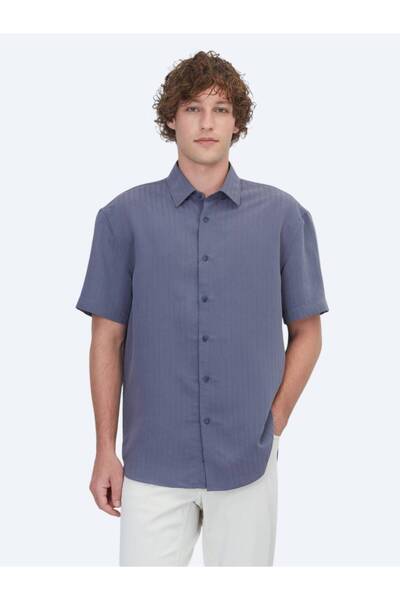 Kip Cămașă casual țesută, scurtă, cu dungi indigo, croială oversize