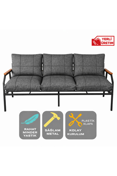 UFUK HOME Linda 3’lü Koltuk Gri – Metal İskeletli Ahşap Kolçaklı Minderli Mod...