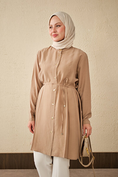 LOCCO Women's Pleated Detail Waist Tie Long Shirt Mink