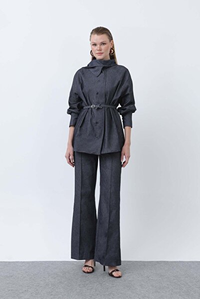 Loreen Kadın Kruvaze Yaka Kemer Detaylı Pantolonlu Denim Takım - 20652TKS - NAVY