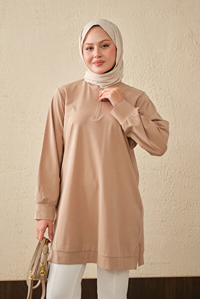 LOCCO Women's Half-Zipper Slit Crew Neck Long Tunic Mink