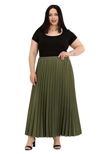 DISENTIS MODEST Μεγάλο μέγεθος, ελαστική μέση, πλισέ μακριά χακί φούστα
