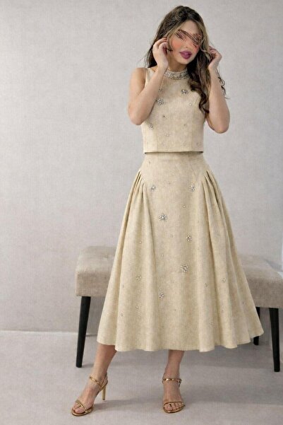 Led Luxury Pearl Embellished Top & Midi Skirt Set