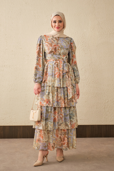 LOCCO Γυναικείο φόρεμα με έθνικ σχέδιο και δέσιμο στη μέση, λιλά