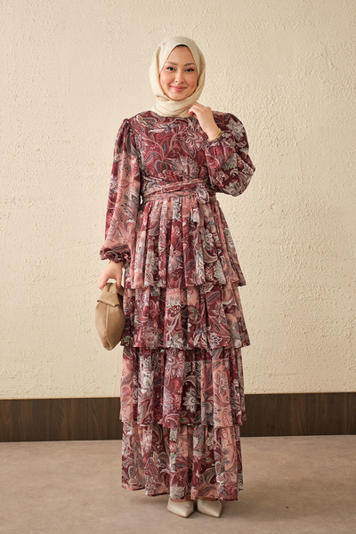 LOCCO Women's Ethnic Patterned Waist Tie Dress Burgundy