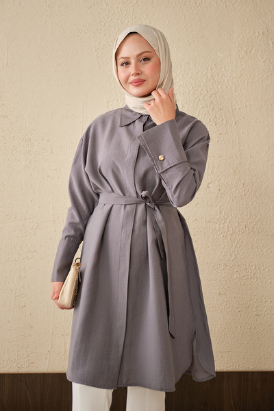 LOCCO Women's Waist-Tied Long Shirt with Hidden Buttons Gray