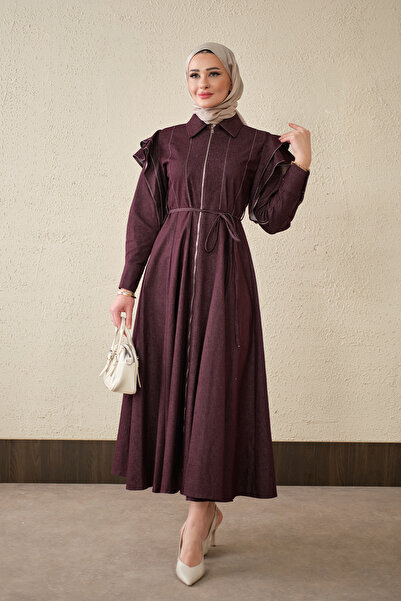 LOCCO Γυναικείο φόρεμα τζιν με λεπτομέρεια ραφής και κορδόνι στους ώμους, μπο...