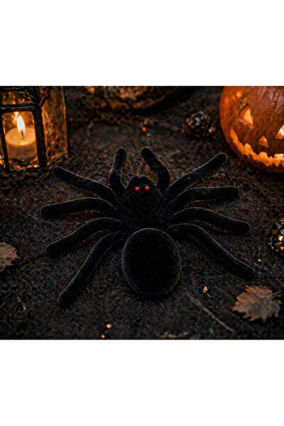 PARTİPORT Peluş Siyah Örümcek 19x15 cm Kırmızı Gözlü Halloween Dekor Süs Kork...