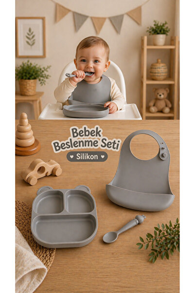 PONÇİK BEBEK Bebek Silikon Beslenme Seti Tabak - Önlük - Kaşık - 3Parça