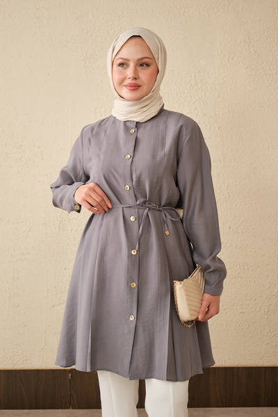 LOCCO Γυναικείο πουκάμισο με πιέτες και δέσιμο στη μέση, μακρύ, γκρι