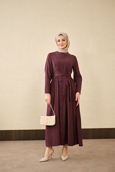 LOCCO Γυναικεία φούστα με κουμπιά, φόρεμα με κορδόνι στη μέση, δαμασκηνί